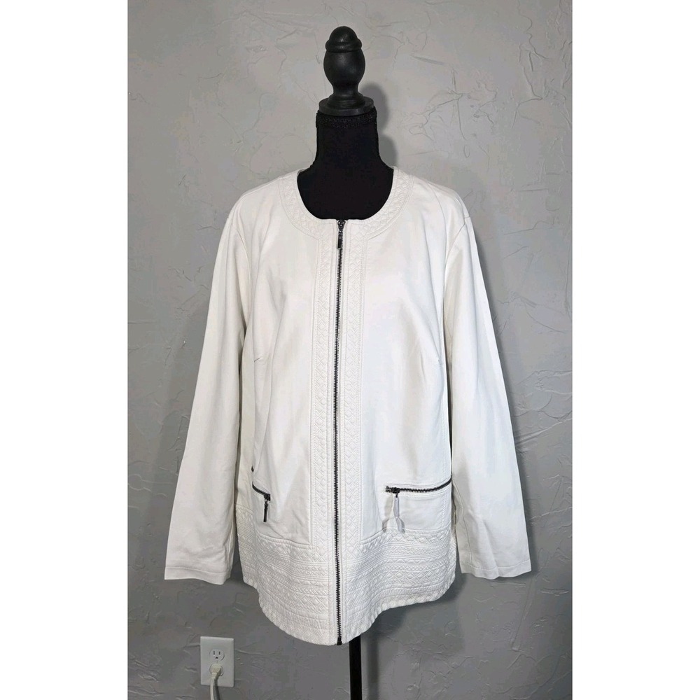 CJ Banks Jacket Women 2X White NEW Faux Leather Embroidered Zip Up Moto